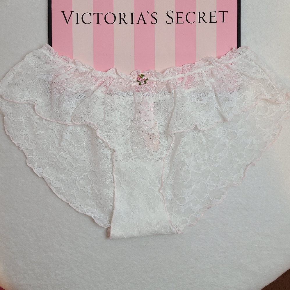 VTG VS Angels Sheer White Lace Ruffle Hipster Panty Size Lg